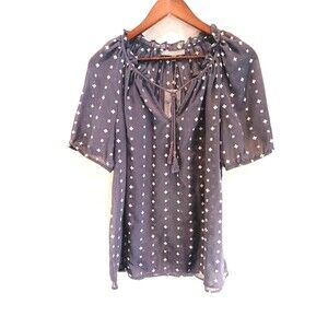 NWT Daniel Rainn Navy Blue Embroidered Boho Peasant Blouse Puff Sleeve Tassel L